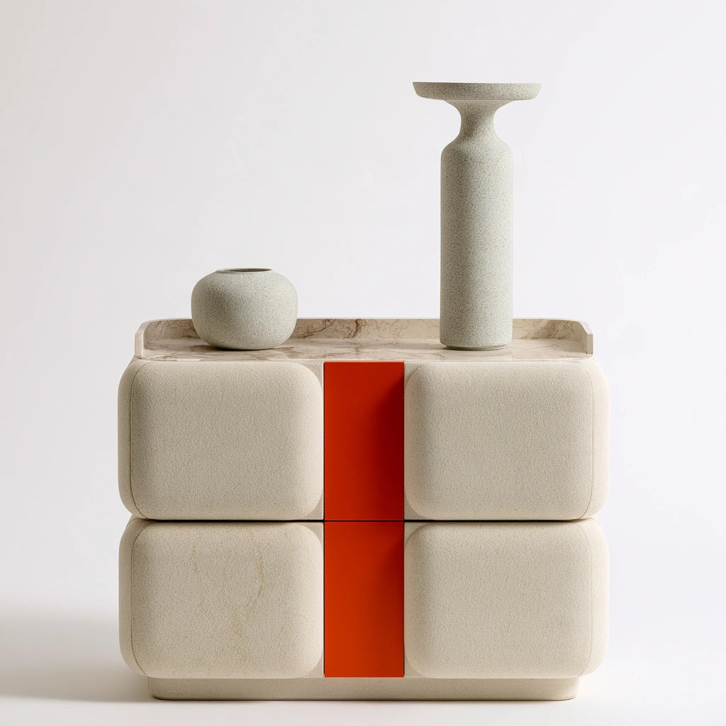 Table de chevet aux lignes épurées, coloris orange et beige